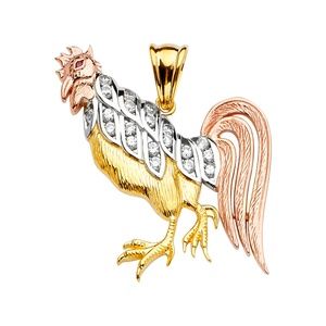 14K Tri Color Gold CZ Rooster Pendant